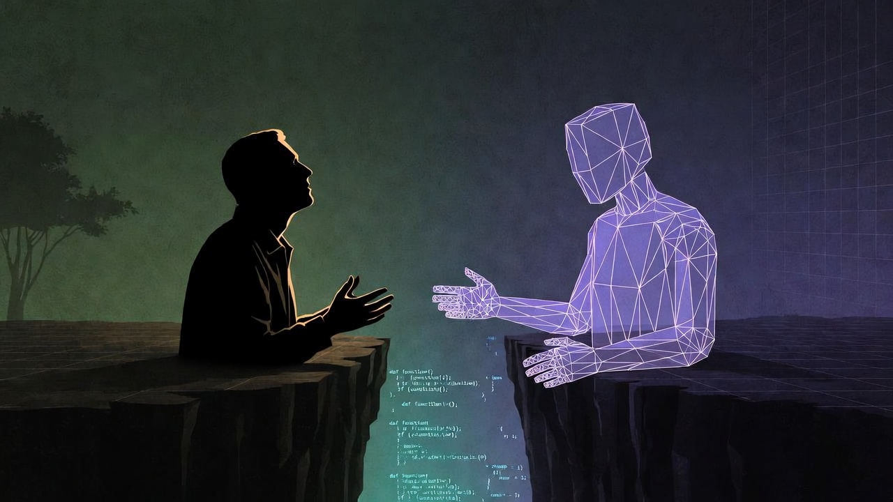 A human silhouette and an AI wireframe figure reaching toward each other across a gap filled with falling code fragments, representing the intent gap between human meaning and machine execution
